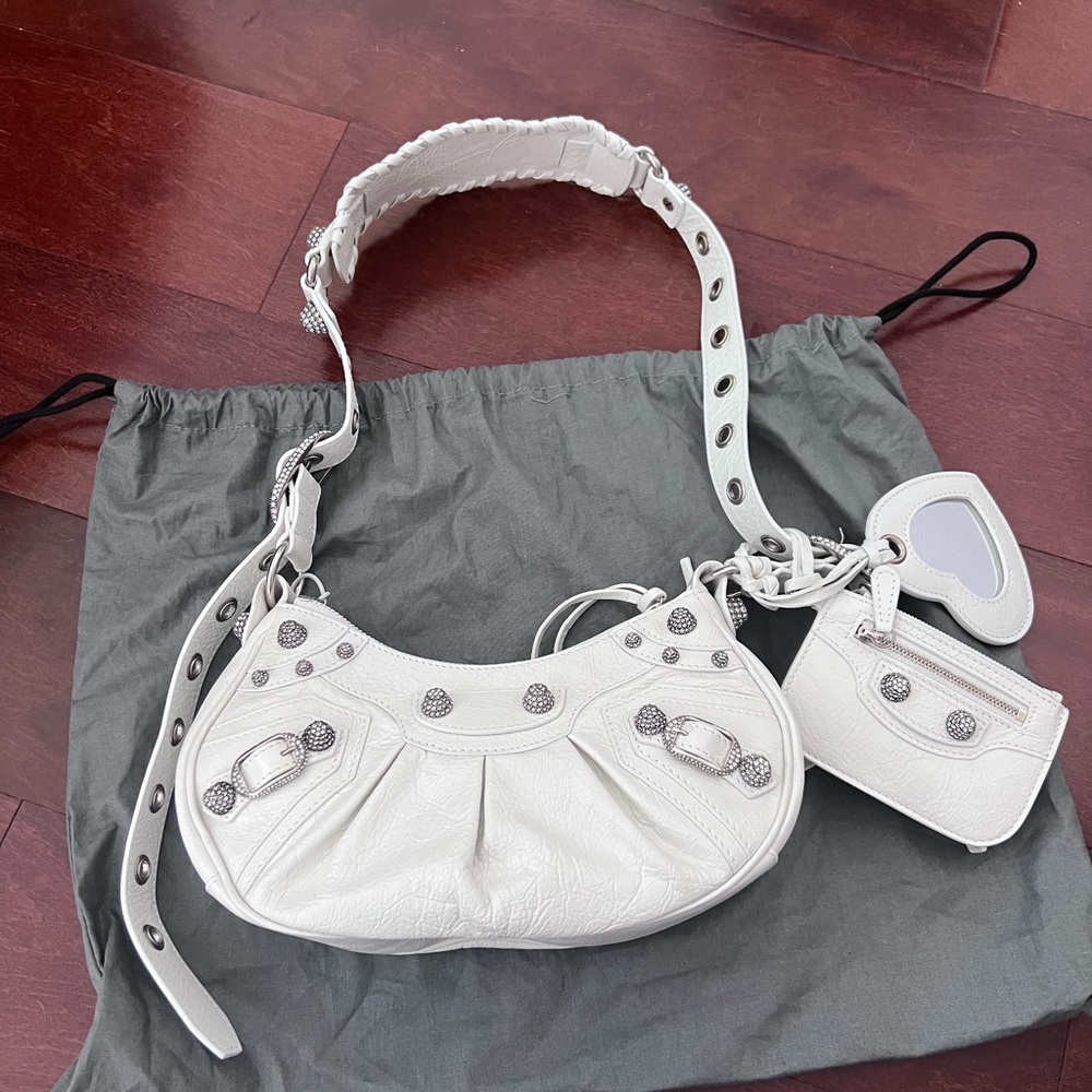 Balenciaga Cagole XS Extra Small Crystal Rhinestone Stud Moon Shoulder Hobo Bag